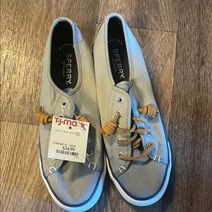 Sperry Light Gray Canvas Slip-On Boat Shoes with Tan Laces